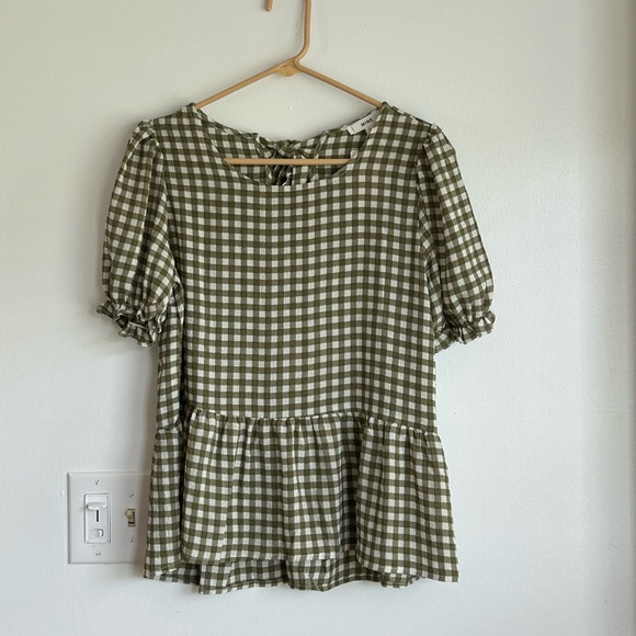 NWT Olive Green Gingham Short Sleeve Top Preppy Cottagecore Large Fairycore Boho - Picture 2 of 6